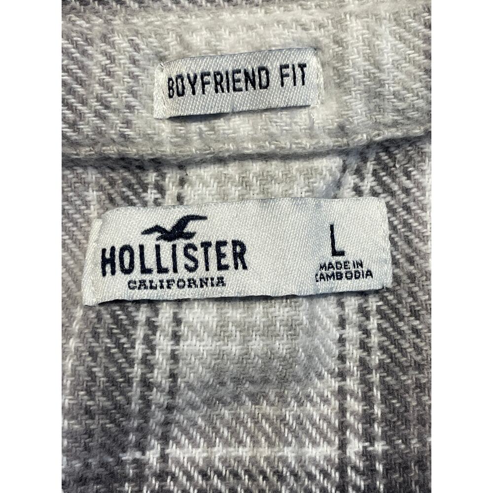 Hollister Flannel Shirt Large Gray/White Plaid Boyfriend Fit Pockets Jacket - Picture 3 of 6